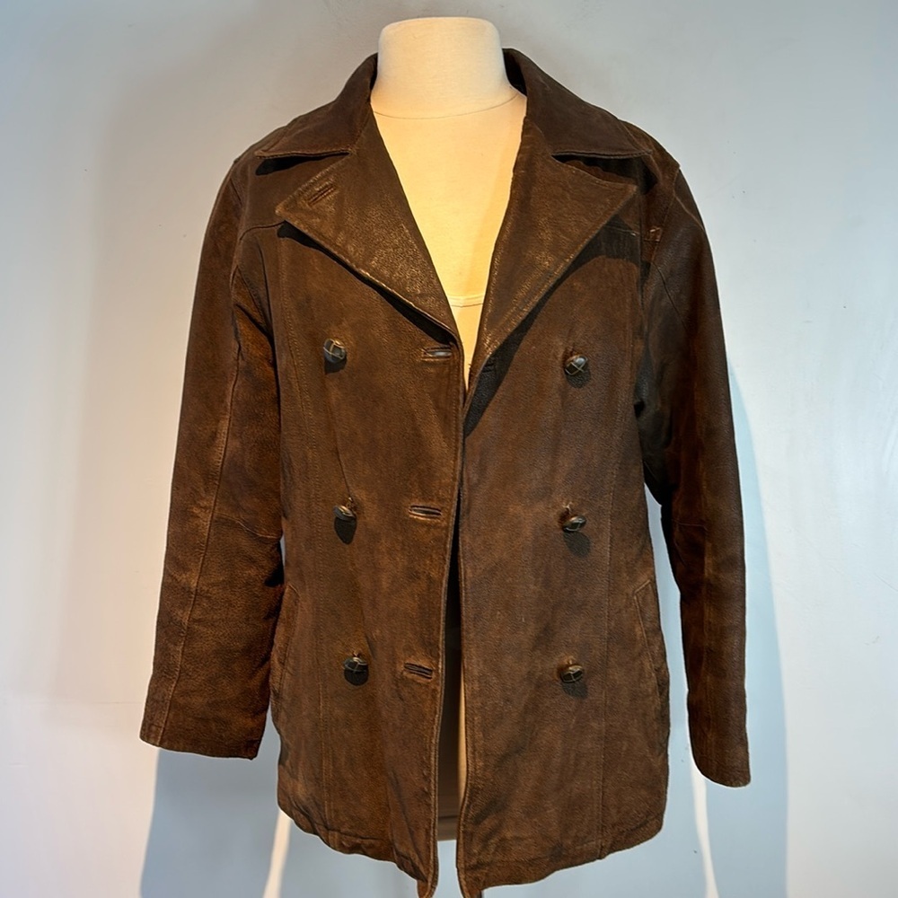 Vintage 80’s brown distressed leather double breasted pea-coat style size medium